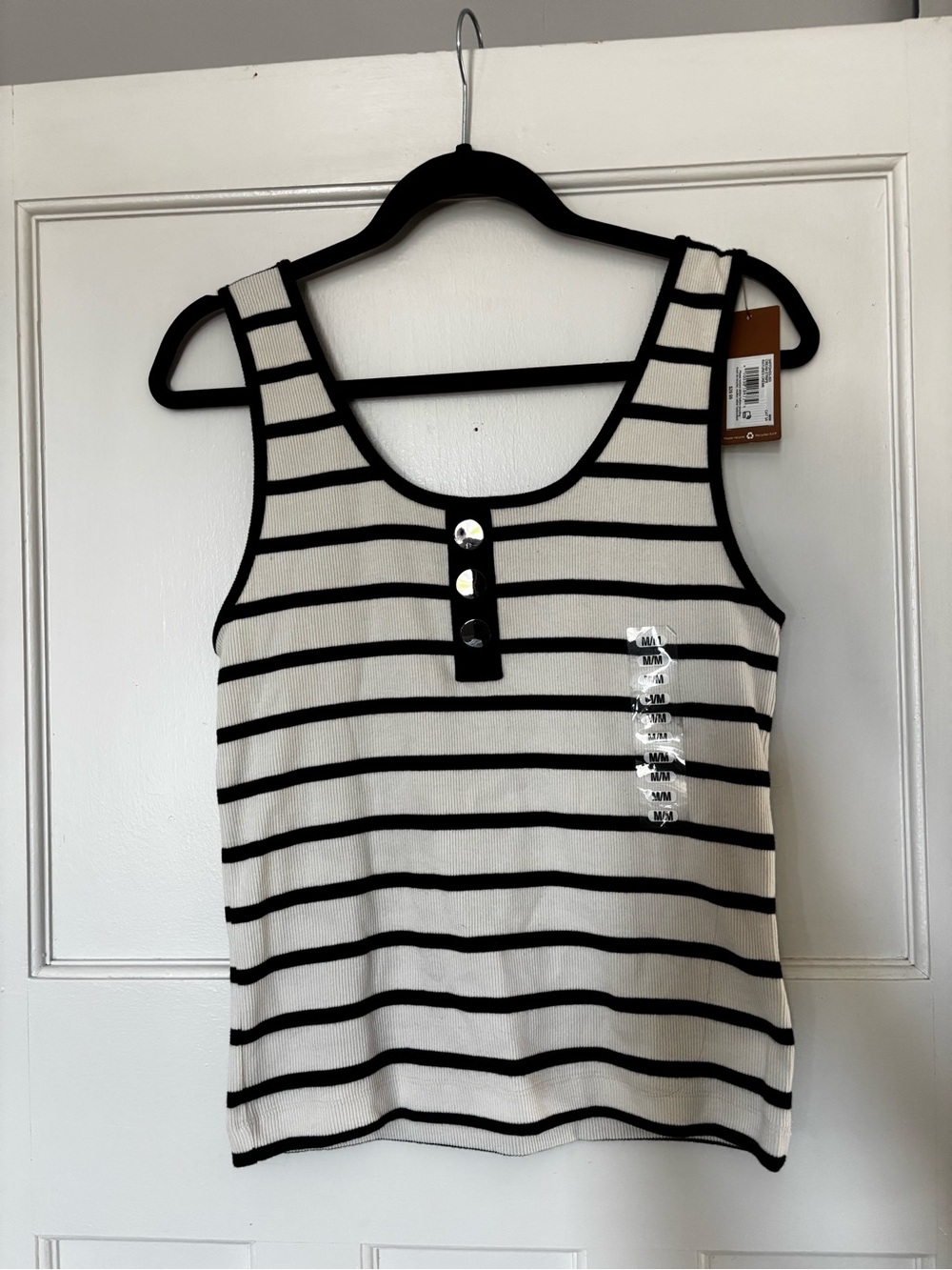 Denver Hayes Black & White Striped Scoop Neck Tank with Button Placket